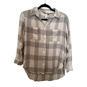 Pilcro Anthropologie Gauzy Plaid Button Down Blouse Gray White XSP Petite